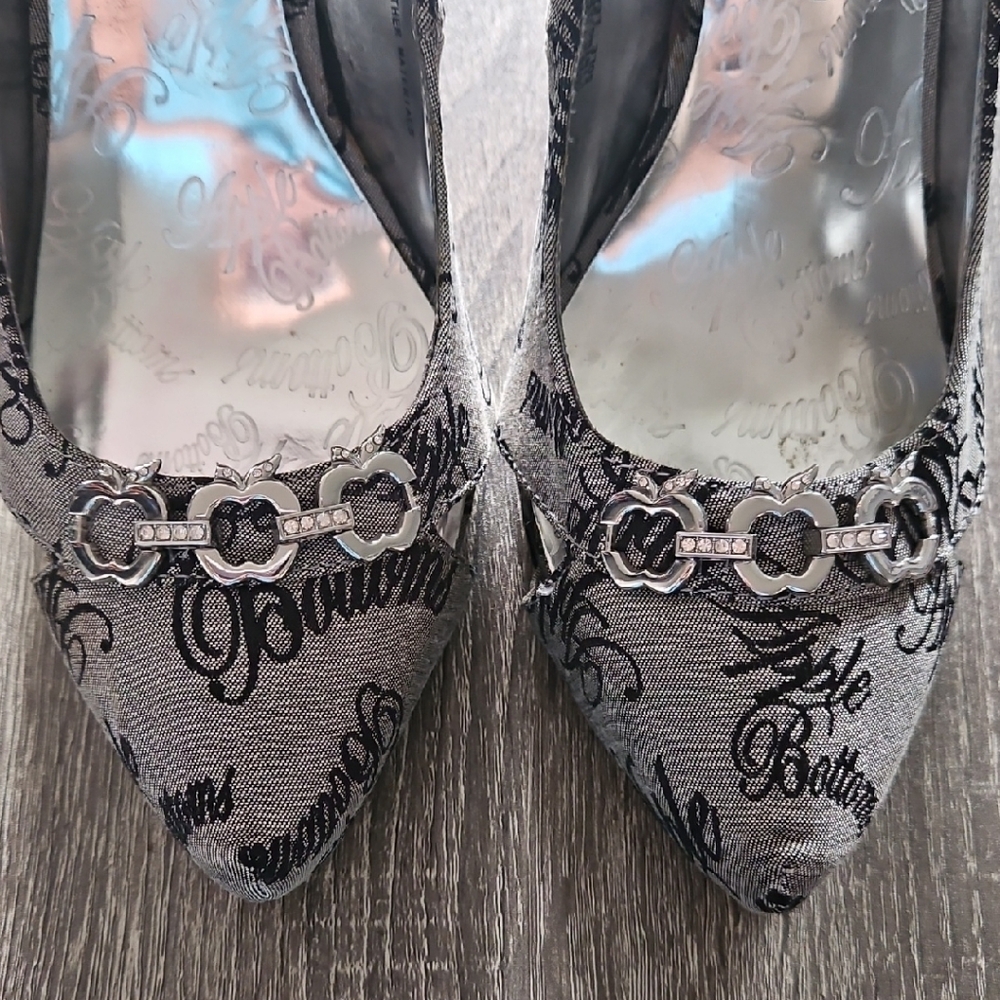 Apple Bottoms Monogram Y2K Denim Heels with Rhinestone Chain Detail - Picture 5 of 5